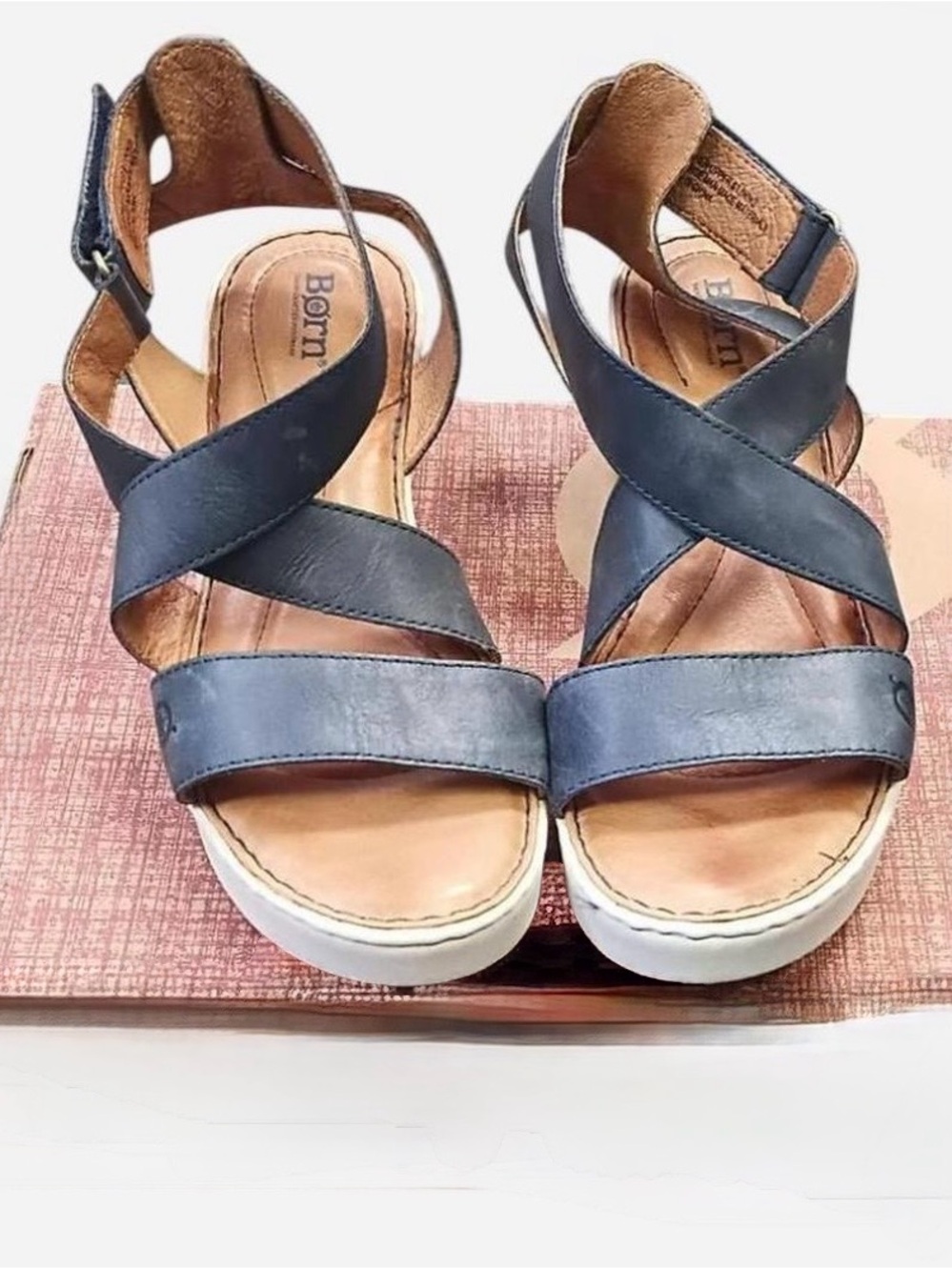 Born Navy Crisscross Leather Wedge Sandals